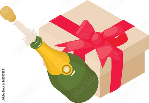 Holiday concept icon isometric vector. Box with bow and open bottle of champagne. Celebration, event