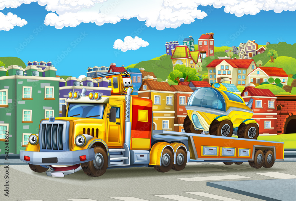 cartoon tow truck driving with load other car in the city