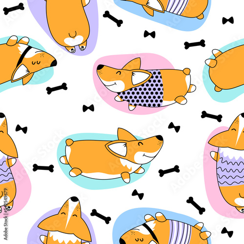 Abstract seamless pattern with funny dog corgi. Fashion illustration for kids. 