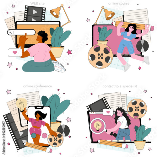Screenwriter online service or platform set. Playwright create a screenplay
