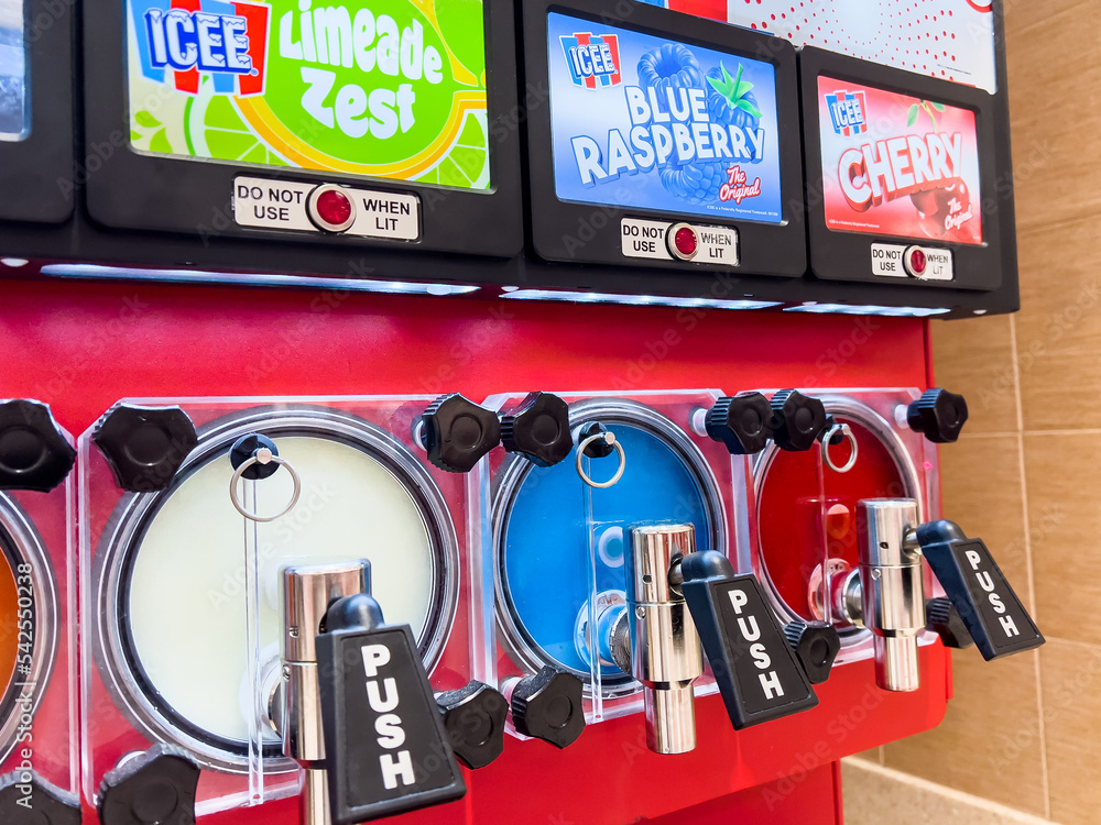 Los Angeles, CA, USA October 22nd, 2022 Icee frozen carbonated beverage dispenser machine at a