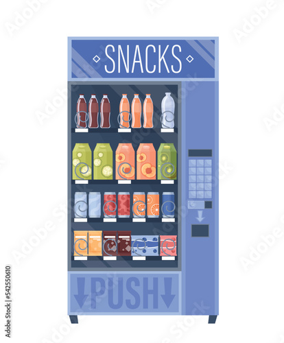 Vending machine with snacks. Sticker for social media and messengers. Soda and juice, sweets. Food and drinks for snack for money. Sales automation, poster or banner. Cartoon flat vector illustration