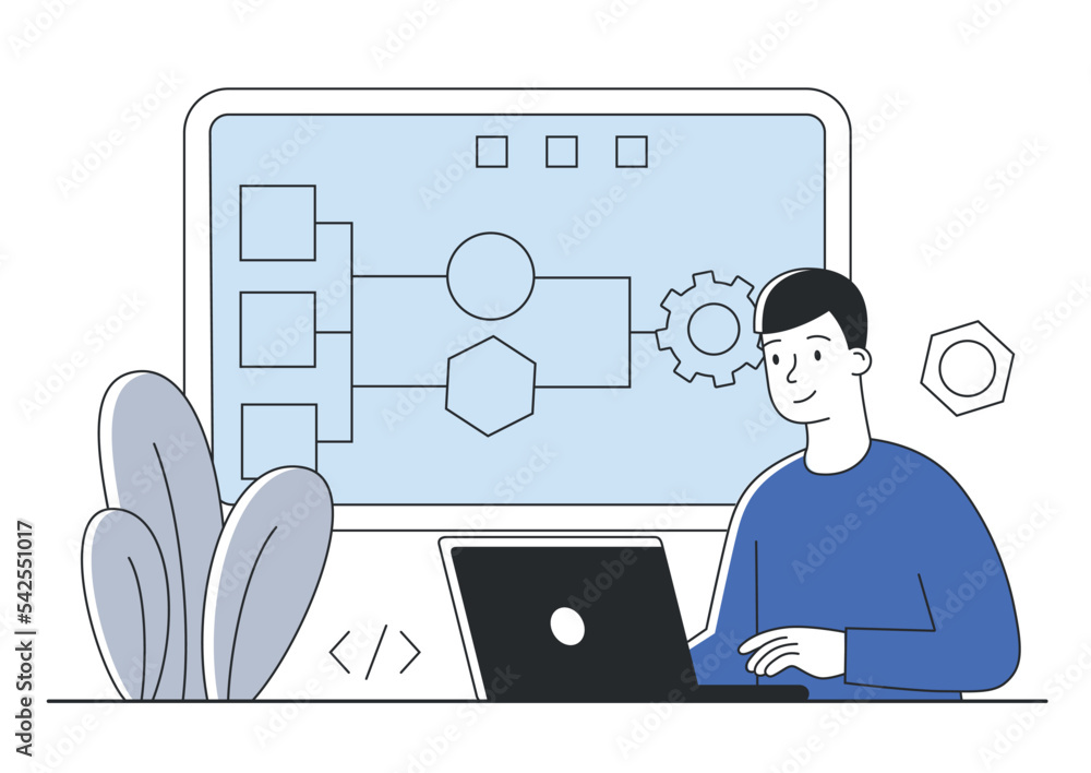 Building processes concept. Man at laptop analyzes diagrams, graphs and ...