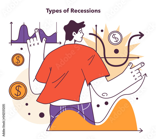 Recession types. Economic slow down or stagnation cause. Economical