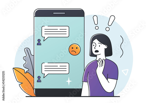 Concept of cyberbullying. Young girl stands and looks sadly at angry comments on social networks. Depression and frustration, insults and loneliness. Poster or banner. Cartoon flat vector illustration