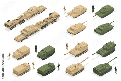 Isometric Military war set, Multiple Launch Rocket System, armored, self-propelled, multiple rocket launcher, Missile, diesel engine-powered military truck artillery tractor and tank isolated on white