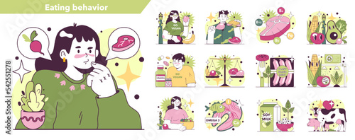 Meat-eating vs vegetarianism choice set. Female character with making