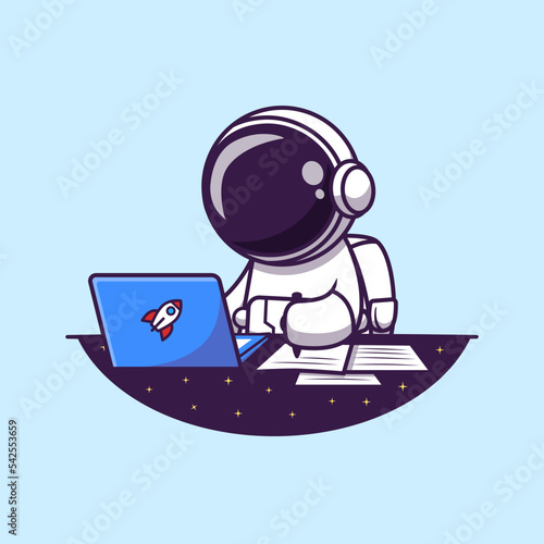 Astronaut Working On Laptop And Writing Cartoon Vector 
Icon Illustration. Science Business Icon Concept Isolated 
Premium Vector. Flat Cartoon Style