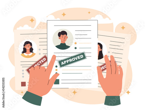 Employment recruitment concept. Character examines resume of candidates for vacancy. Poster or banner for website. HR manager selected newcomer for interview. Cartoon flat vector illustration