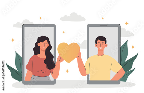 Online romantic date. Man and woman holding heart through smartphone screens. Communication on Internet, messengers and social networks. Love, care and support. Cartoon flat vector illustration