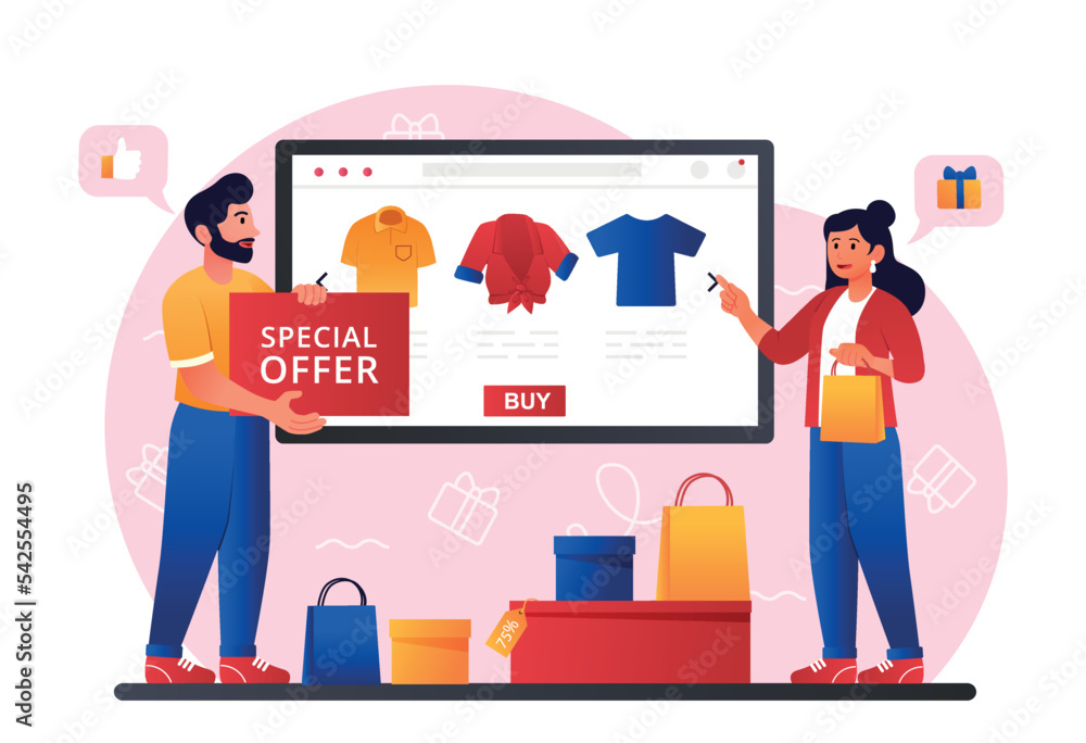 Mobile shopping concept. Man and girl choose clothes, special offer for regular clients. Quality service, home delivery and cashless payment. Transfer and transaction. Cartoon flat vector illustration