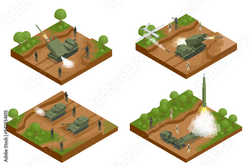 Military war set Isometric rocket salvo fire system on a wheeled landing gear. Rocket artillery. Tactical ballistic missile. Army tractor with a rocket. Medium Range Ballistic Missile.