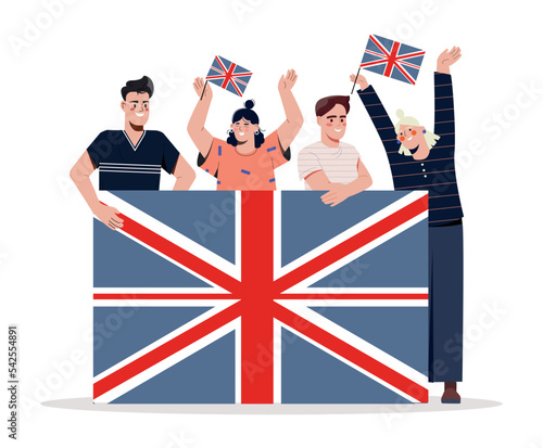 People with british flag. Metaphor of learning English, foreign language. Training and education. Poster or banner for website. Interaction and communication. Cartoon flat vector illustration