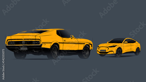 Yellow vintage and modern cars