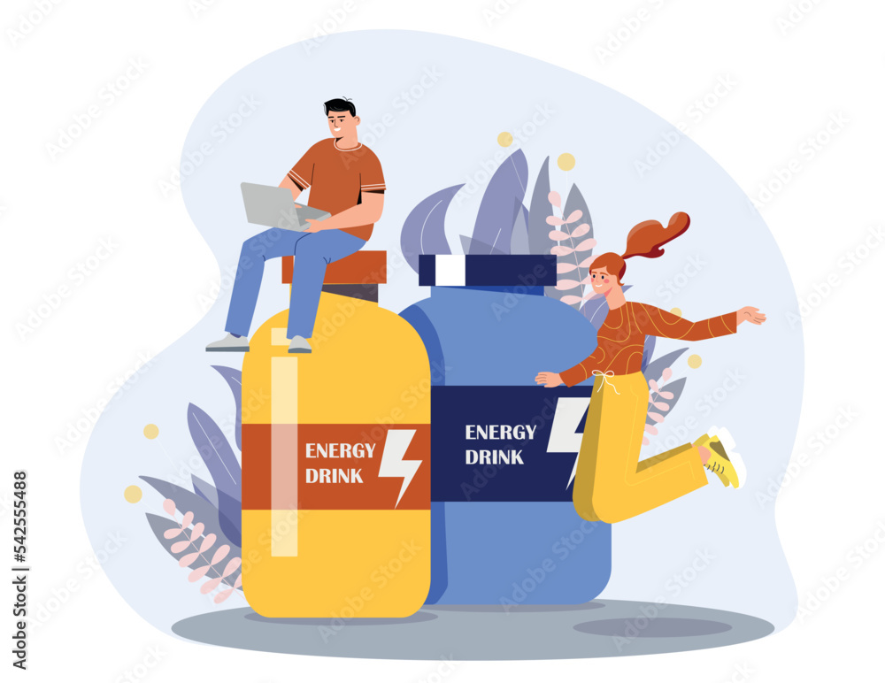Energy drink concept. Man and woman jumping next to jars. Cheerfulness and energy, strength. Taurine soda in hufge colorful cans. Young girl and guy with addiction. Cartoon flat vector illustration Energy drink concept. Man and woman jumping next to jars. Cheerfulness and energy, strength. Taurine soda in hufge colorful cans. Young girl and guy with addiction. Cartoon flat vector illustration