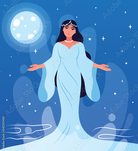 Concept of goddess. Woman in white dress on background of night sky with stars and moon. Young girl, elegance and aesthetics. Yemoja and character from mythology. Cartoon flat vector illustration