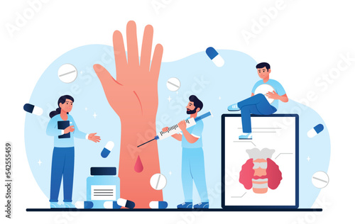 Endocrinologists at work. Doctors examine patients hand and take tests. Diagnosis and choice of optimal method of treatment. Medical poster or banner for website. Cartoon flat vector illustration