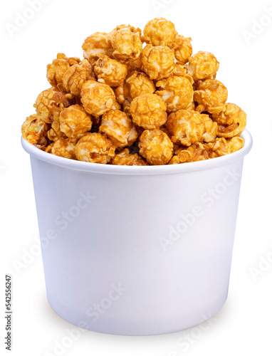 Caramel Popcorn in white bowl isolated on white background, Mushroom Popcorn on white With work path.