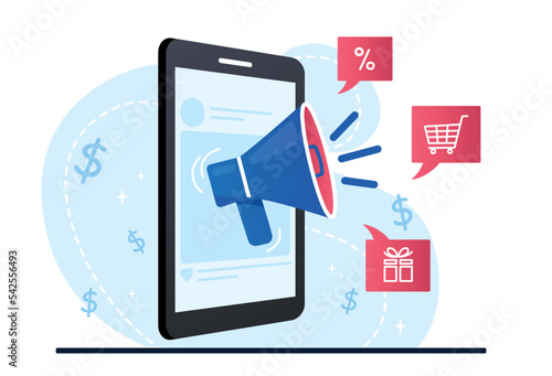 Promotion online concept. Loudspeaker on smartphone screen. Special offer for regular customers. Modern methods of marketing. Bonuses and prizes, loyalty program. Cartoon flat vector illustration
