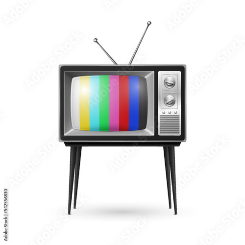 Vector 3d Realistic Retro Striped Screen TV Receiver Isolated on White Background. Home Interior Design Concept. Vintage TV Set, Television, Front View