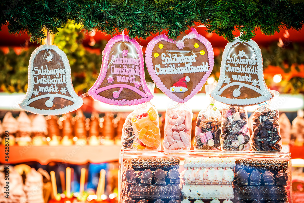 Naklejka premium Salzburg, Austria - Winter gingerbread and sweets at Christkindlmarkt, Christmas Market