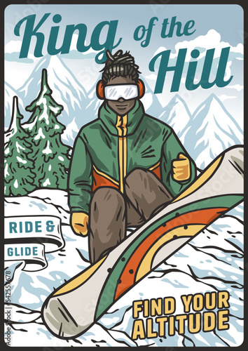 A snowboarder descends a snowy mountain. A winter extreme sport. A vertical poster about snowboarding