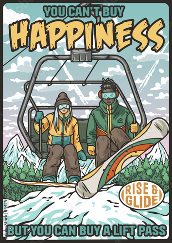 Snowboarders on a ski lift. Winter sports. Snowboarding and downhill skiing in a vertical poster