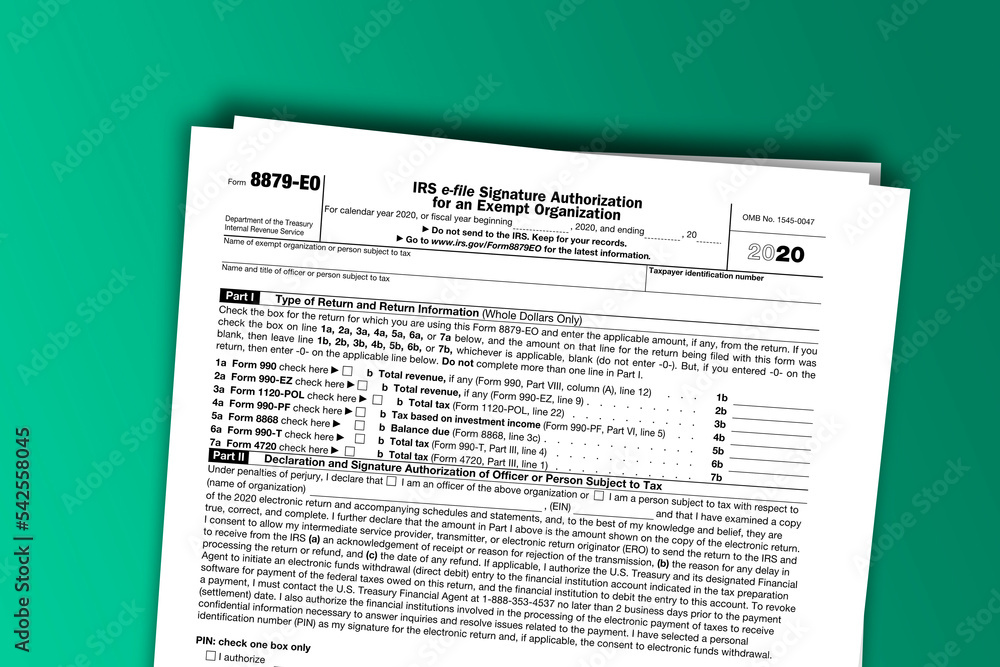Fototapeta premium Form 8879-EO documentation published IRS USA 43872. American tax document on colored