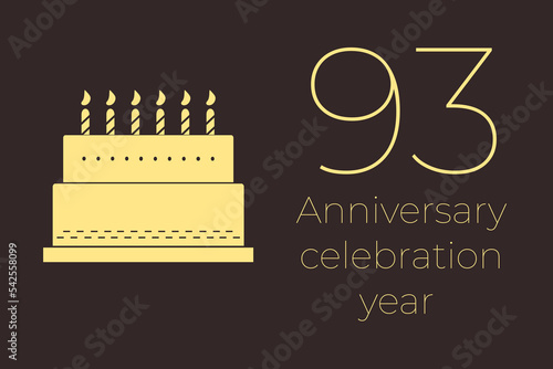 93 years anniversary celebration. 93 years old next to cake. Minimalistic illustration with text 93. Cake as a symbol of anniversary celebration.  ninety-three  anniversary photo