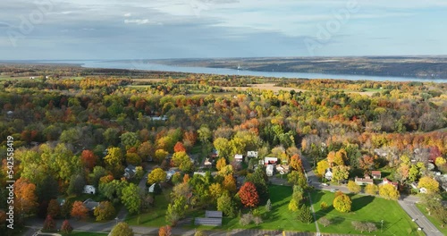 Afternoon autumn / fall aerial view of Trumansburg NY USA - Drone Shot.  Located in the Finger Lakes Region near Ithaca, New York. photo