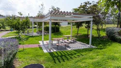 Foto Side view of a wooden pergola in a green garden.