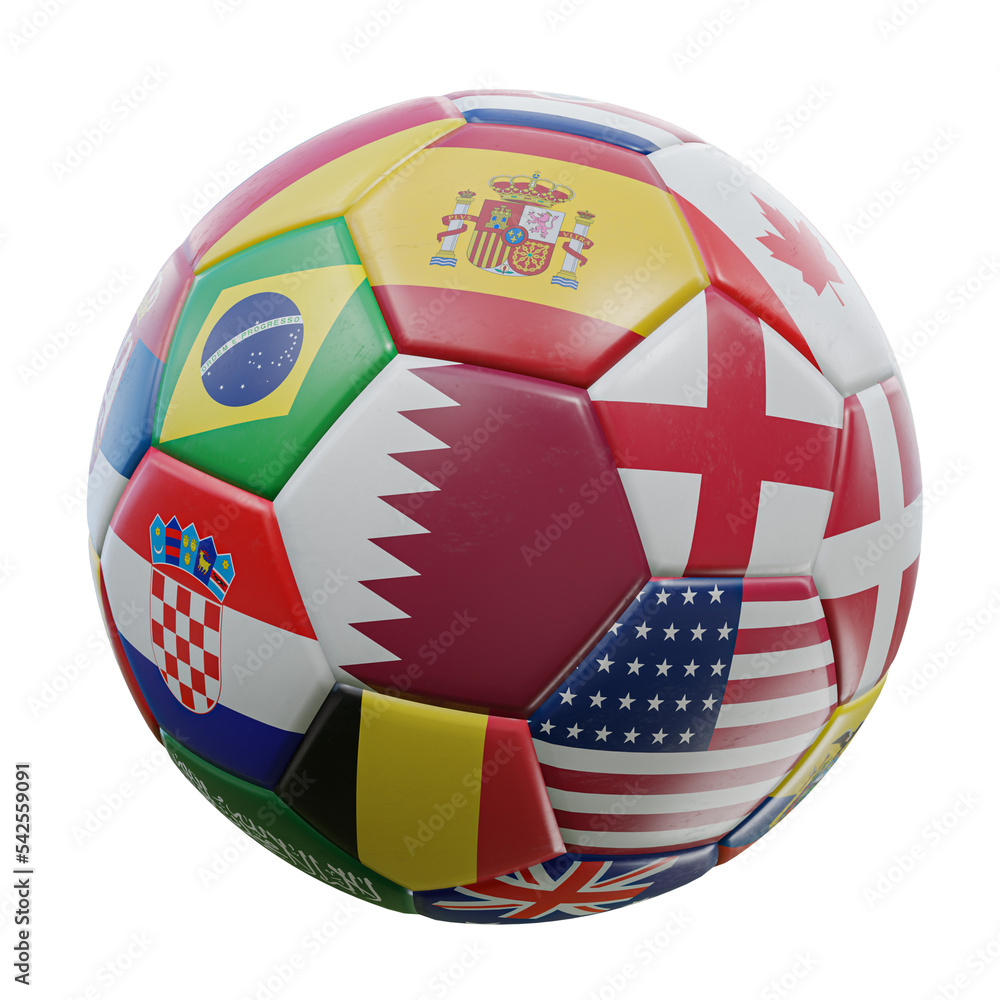 Obraz premium Isolated football with multiple flags of countries. 3D illustration on white background.
