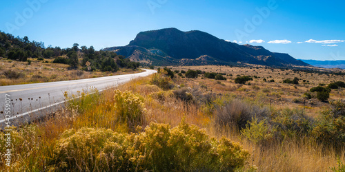Southwestern road trip autumn landscape of arid meadow and mountains in Cibola National Forest in Grants, New Mexico photo