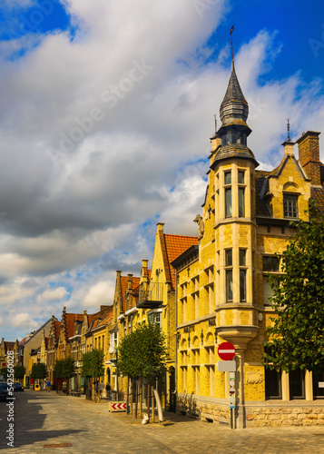 View of streets of old town Diksmuide, located in West Flanders region. Belgium