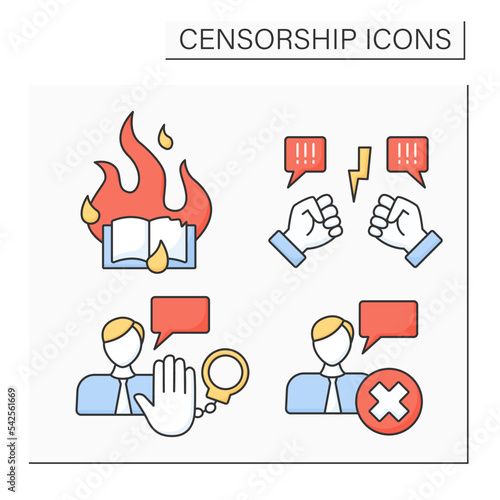 Censorship color icons set.Book burn, controversial, cancel culture, chilling effect. Society concept. Isolated vector illustrations