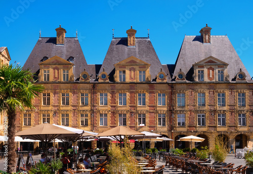 Summer view of central square place Ducale in French town of Charleville-Mezieres with surrounded by similar residential buildings with triangular gables photo