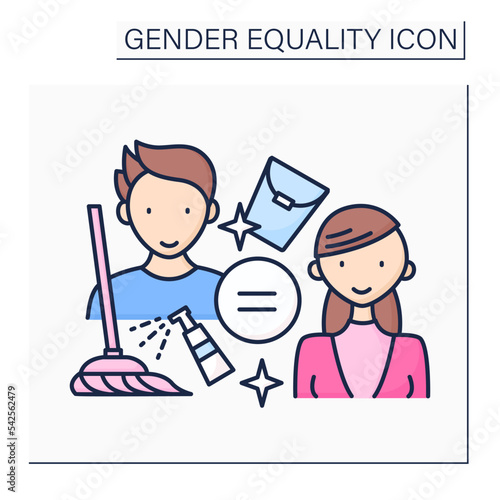 Householding color icon. Equal responsibilities between men and women in housekeeping activity. Stereotype. Gender equality concept. Isolated vector illustration 
