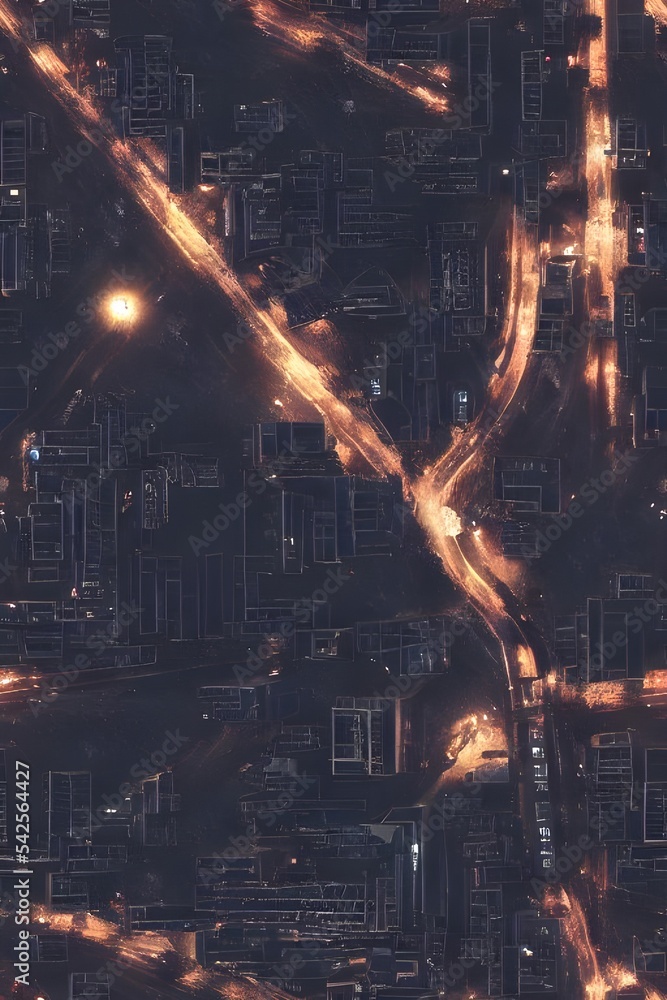 Fototapeta premium The city streets are empty and the only sound is the wind blowing through the trees. The buildings are towering above, their windows reflecting the light from the street lamps. It's a cold evening and