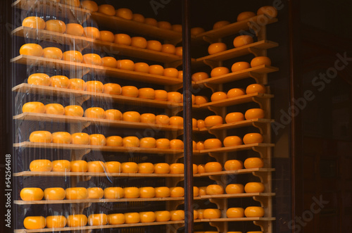 Photography Many cheese wheels on shelves in store, view through glass window