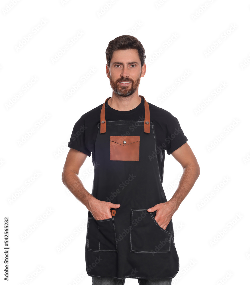 Professional hairdresser wearing apron on white background Professional hairdresser wearing apron on white background