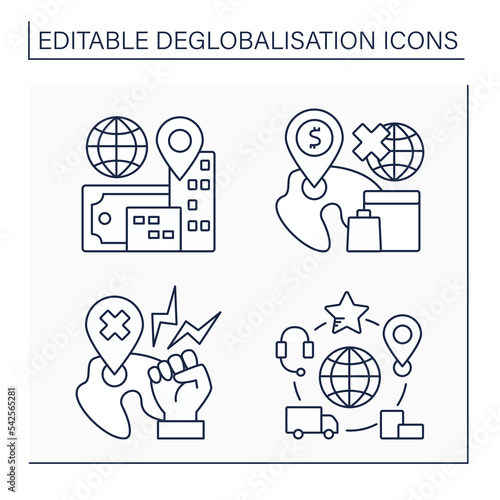 Deglobalisation line icons set. Reverse globalization, localized future, anti globalism, supply chains. World economy concept. Isolated vector illustration. Editable stroke