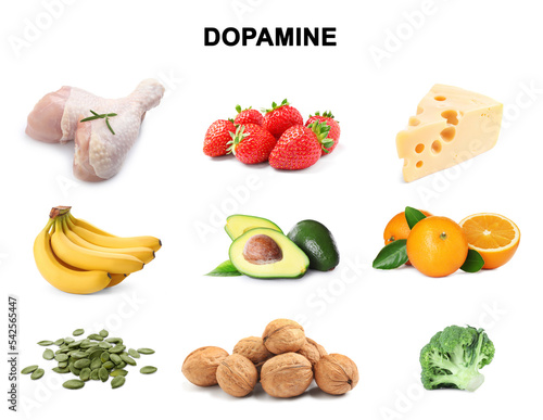 Fototapeta Naklejka Na Ścianę i Meble -  Different foods rich in dopamine that can help you feel happiness. Different tasty products on white background