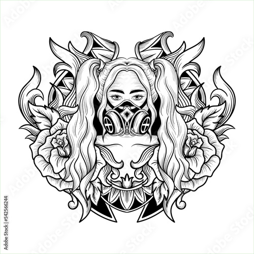 illustration monochrome art girl with gas mask engraving tattoo and tshirt design
