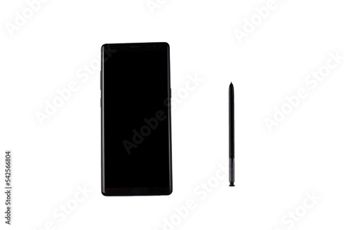 Pen and smartphone and black stylus for writing isolated on transparent background. 