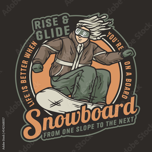 Snowboarder on a snowy mountain. Winter season extreme sport. Emblem about snowboarding