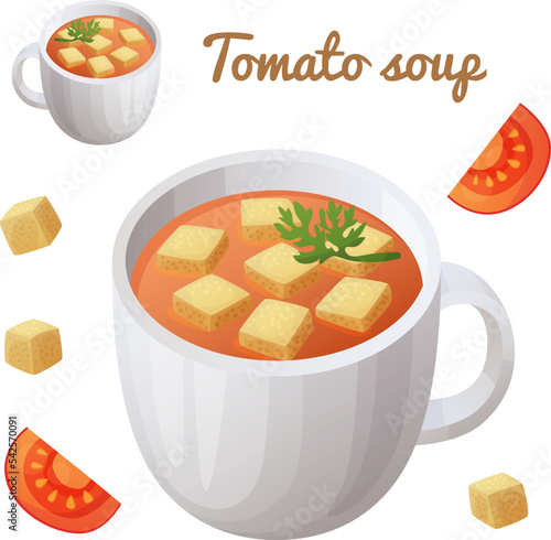 Tomato soup in the cup vector icon isolated on white background, healthy organic vegetable food illustration