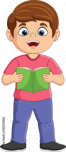 Cartoon little boy standing and read a book