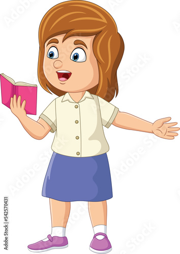Cartoon little girl standing and read a book