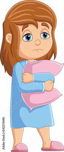 Cartoon sleepy girl standing with hugging pillow