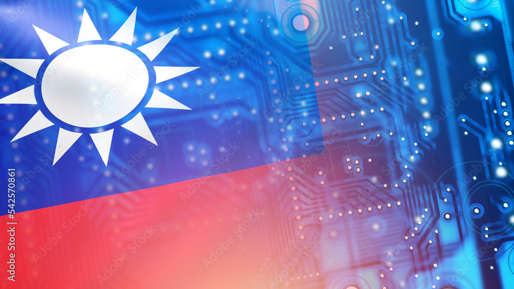 Manufacture PCB. Taiwan flag and PCB production equipment. Concept